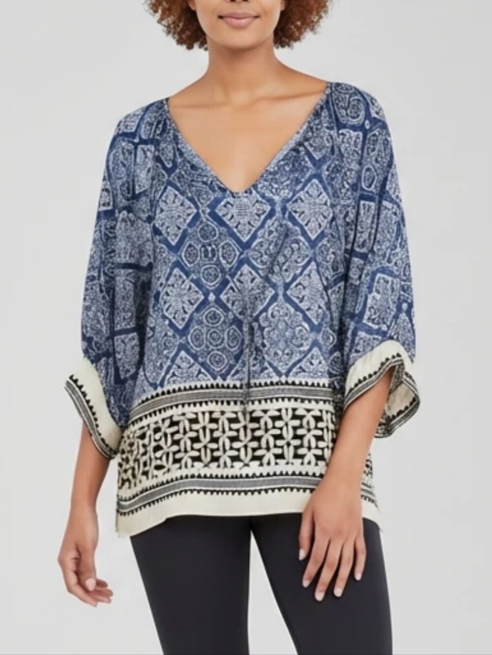 Karen Kane Blue and Gold Boho Blouson Sleeve Peasant Blouse Size Small New